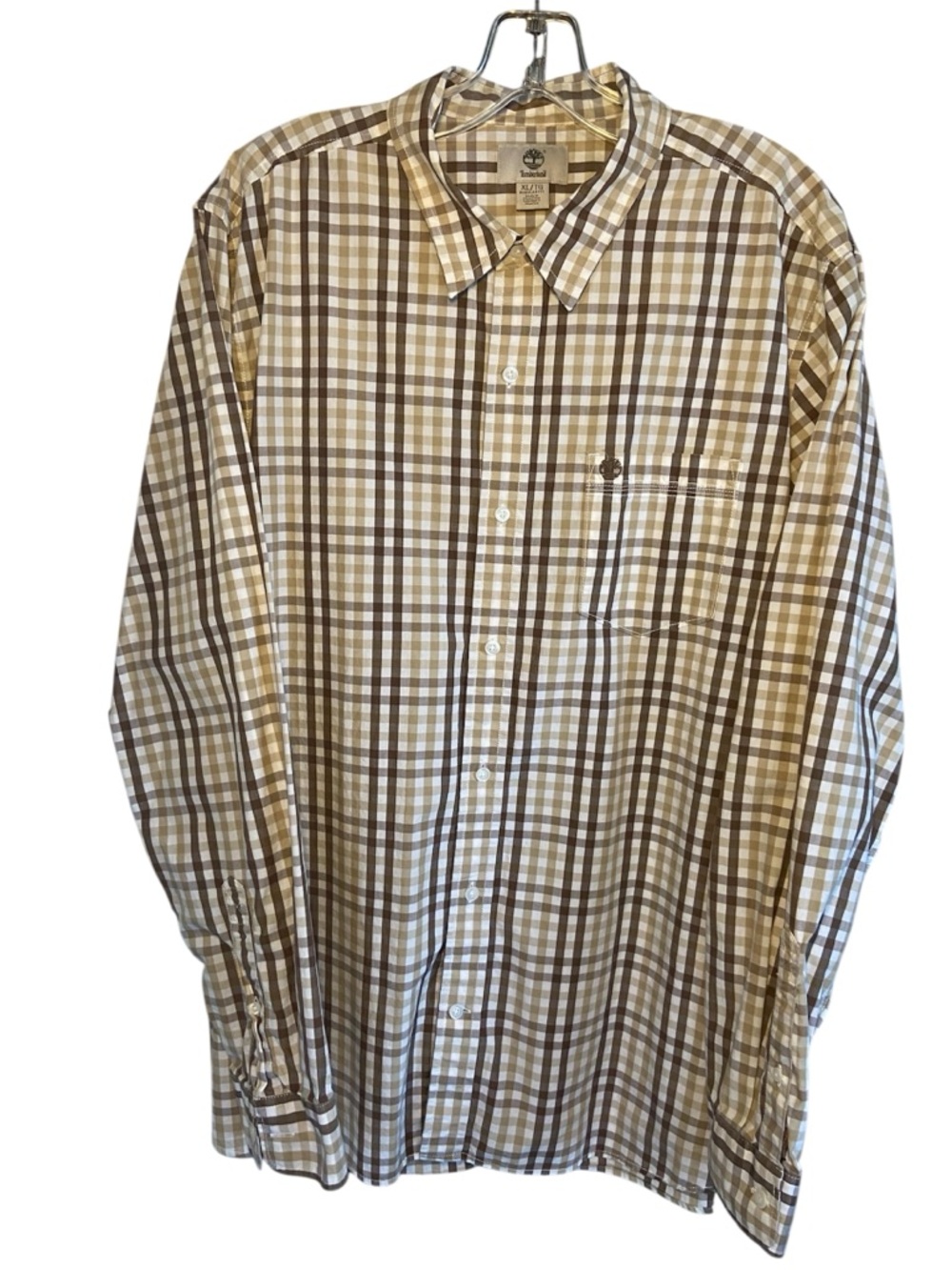 Timberland men’s long sleeve button down shirt, XL, brown white beige checkered
